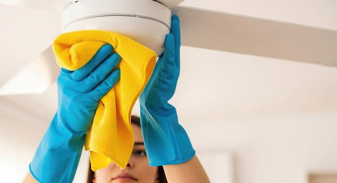 A cleaner wiping down a ceiling light fixture