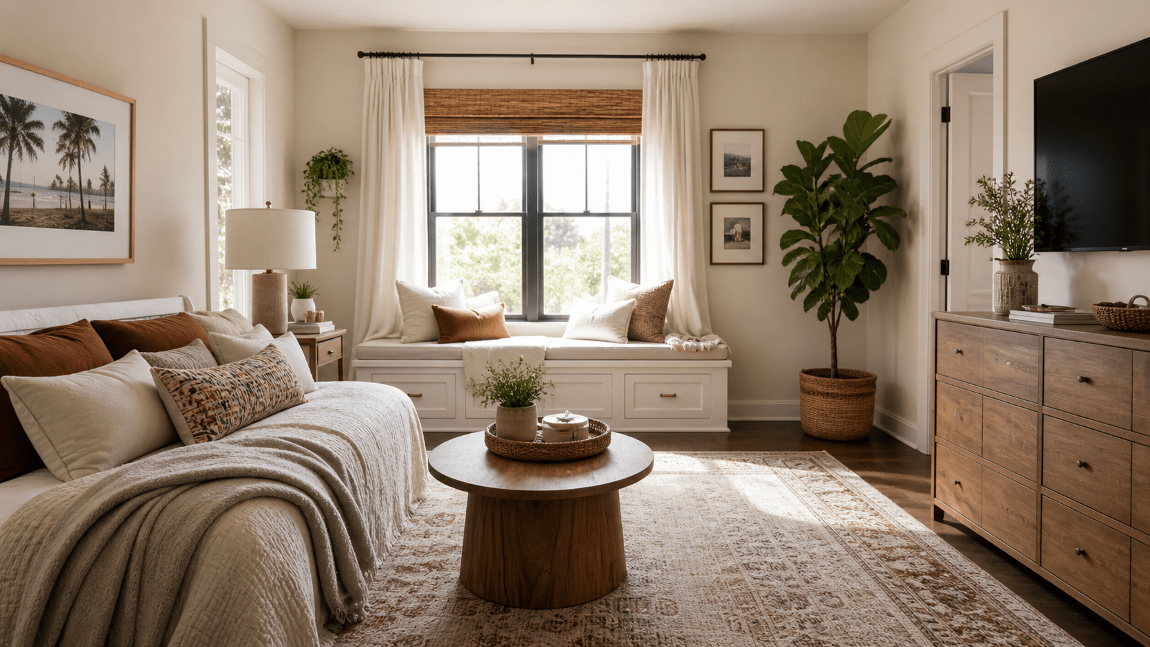 A bright, neatly organized living room